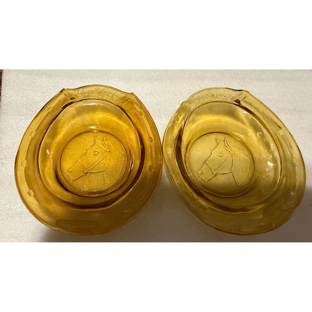 Vintage Amber Glass Horseshoe Horse Head Good Luck Ashtray Set of 2 Equestrian